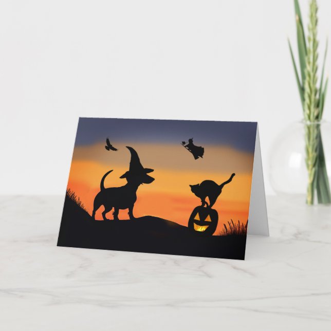 Halloween Funny med Dachshund Hund Witch Cat Raven Kort (Framsida)