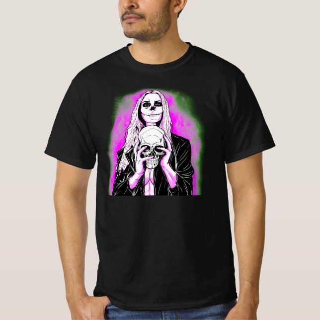 Halloween Funny Rosa Grönt Scary Dam Skull Black T Shirt (Framsida)