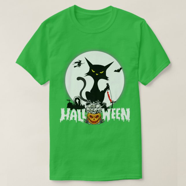 Halloween Funny Scary Cat Pumpkin Måne Natt T Shirt (Design framsida)