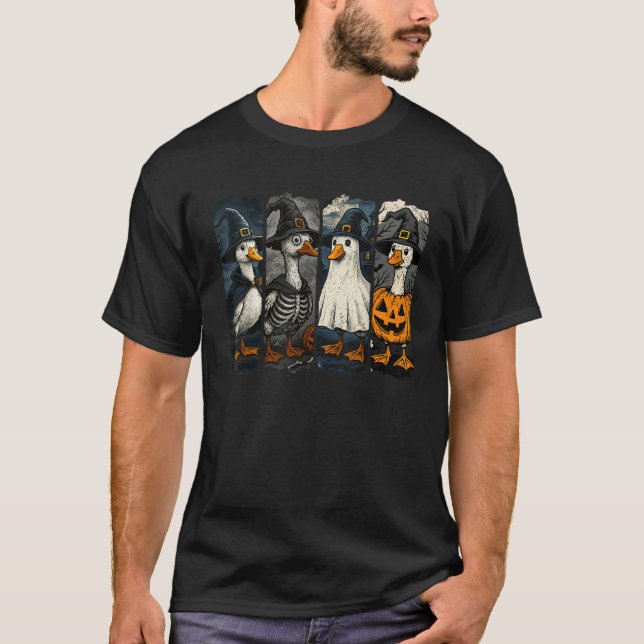 Halloween Funny Silly Goose Witch Skeleton Ghost P T Shirt (Framsida)