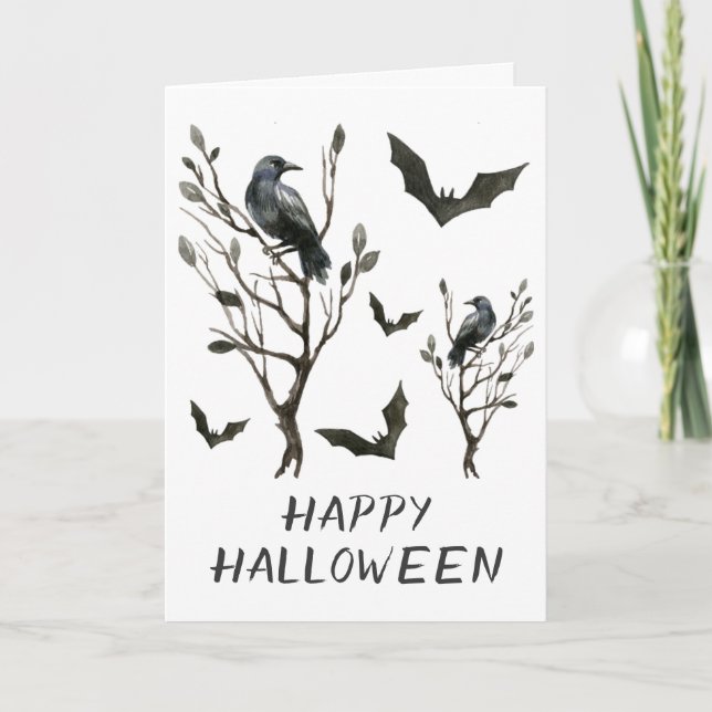 Halloween gal svartvit vattenfärg för fladdermöss kort (Framsida)