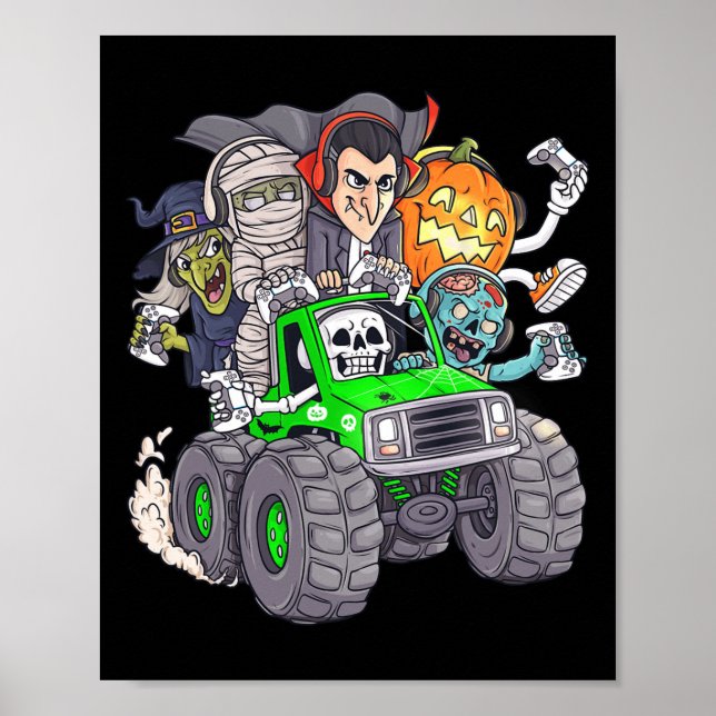 Halloween Gamer Skeleton Zombie Monster Lastbil Bo Poster (Framsidan)