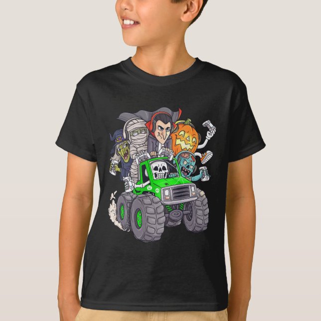 Halloween Gamer Skeleton Zombie Monster Lastbil Bo T Shirt (Framsida)