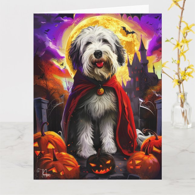 Halloween Gamla engelska Sheepdog Vampire Pumpkins Kort (Gul blomma)