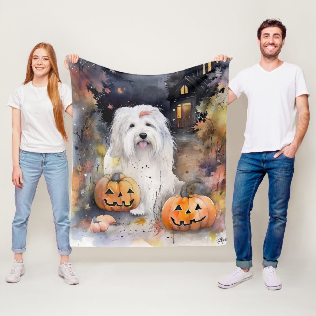 Halloween Gamle English Sheepdog with Pumpkins Sca Fleecefilt (På plats)