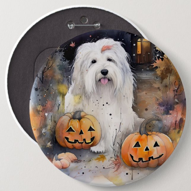 Halloween Gamle English Sheepdog with Pumpkins Sca Knapp (Framsida & baksida)