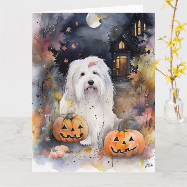 Halloween Gamle English Sheepdog with Pumpkins Sca Kort (Gul blomma)
