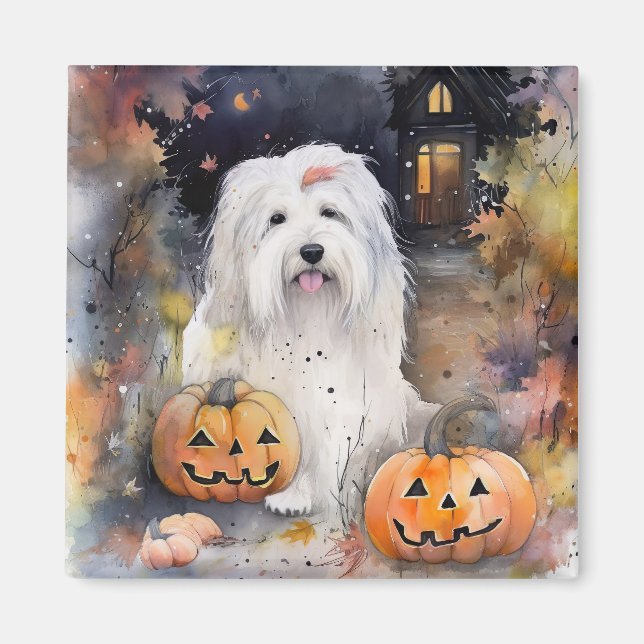 Halloween Gamle English Sheepdog with Pumpkins Sca Magnet (Framsidan)