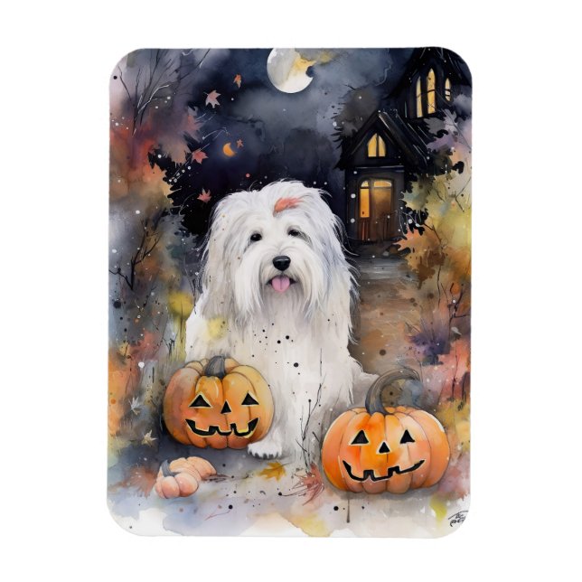 Halloween Gamle English Sheepdog with Pumpkins Sca Magnet (Vertikal)