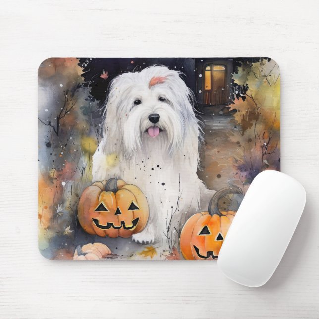 Halloween Gamle English Sheepdog with Pumpkins Sca Musmatta (Med mus)