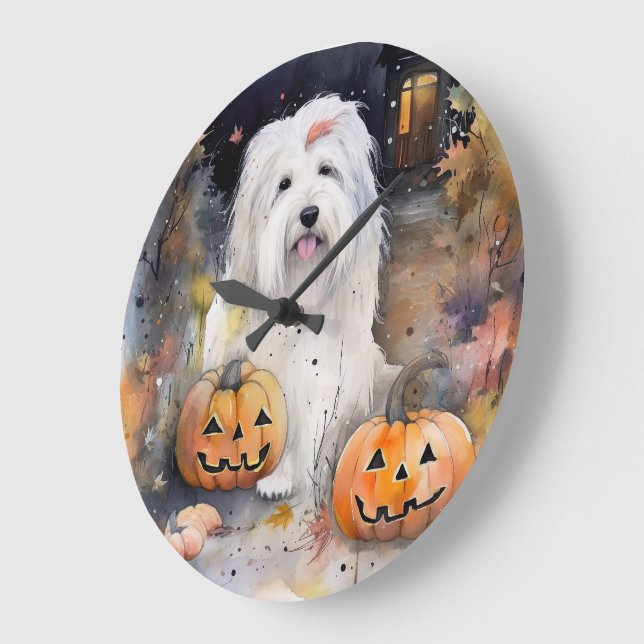 Halloween Gamle English Sheepdog with Pumpkins Sca Stor Klocka (Vinkel)