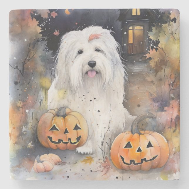 Halloween Gammal Engelsk Fårhund Med Pumpor Skräck Stenunderlägg (Framsidan)