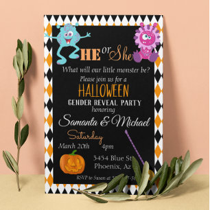 Halloween Gender Baby Reveal Party Monster Orange Inbjudningar