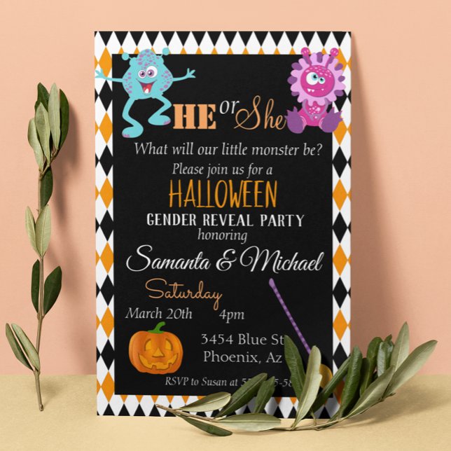 Halloween Gender Baby Reveal Party Monster Orange Inbjudningar (Skapare uppladdad)