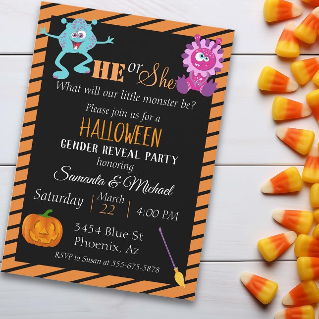 Halloween Gender Baby Reveal Party Monster Orange Inbjudningar (Skapare uppladdad)