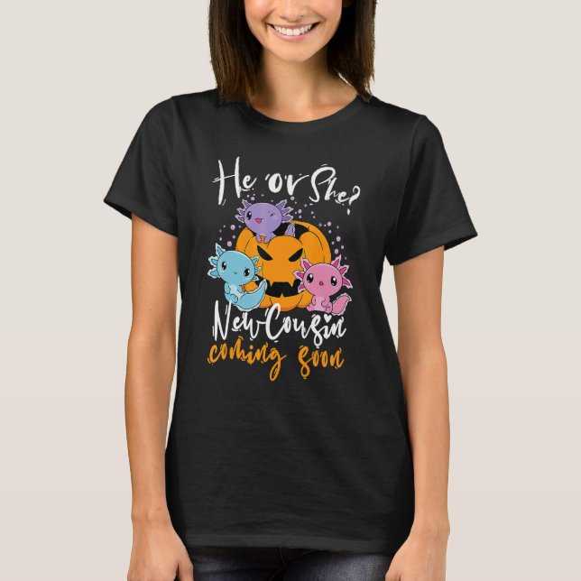 Halloween Gender Reveal He or She Cousin Coming Bo T Shirt (Framsida)