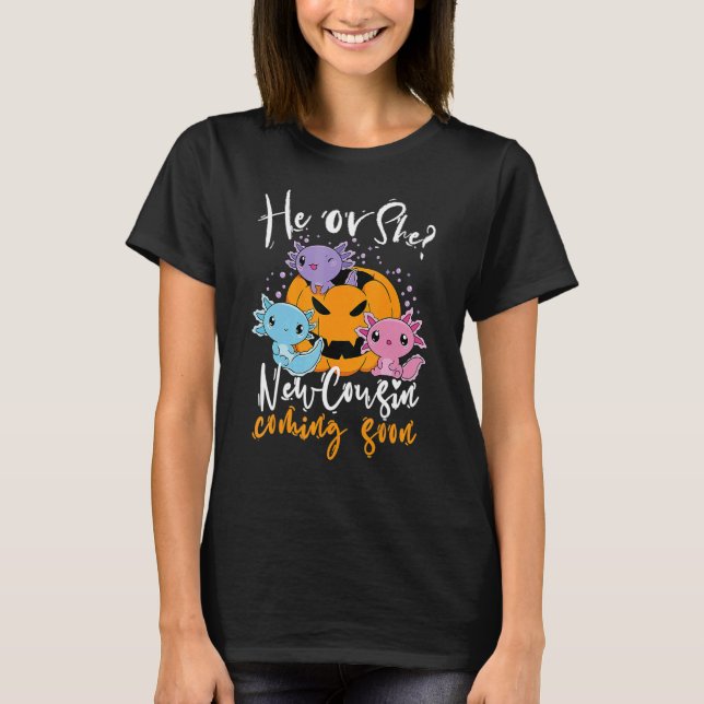 Halloween Gender Reveal He Or She Cousin Coming Bo T Shirt (Framsida)