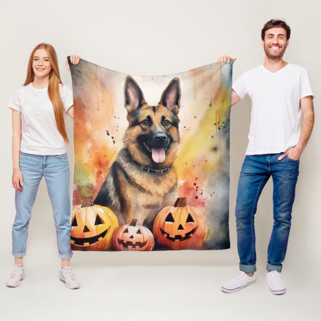 Halloween German Shepherd with Pumpkins Scary Fleecefilt (På plats)