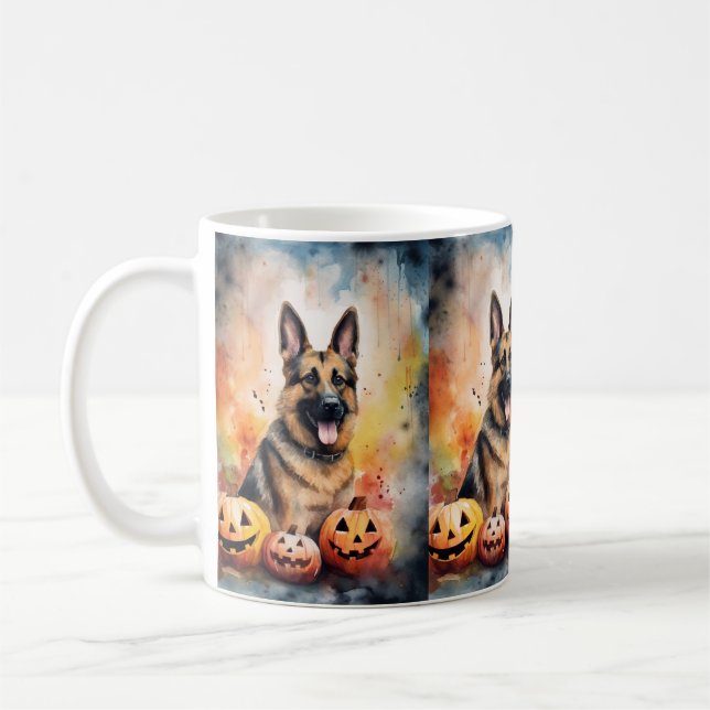 Halloween German Shepherd with Pumpkins Scary Kaffemugg (Vänster)