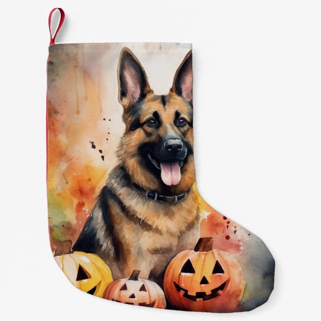 Halloween German Shepherd with Pumpkins Scary Liten Julstrumpa (Framsidan)