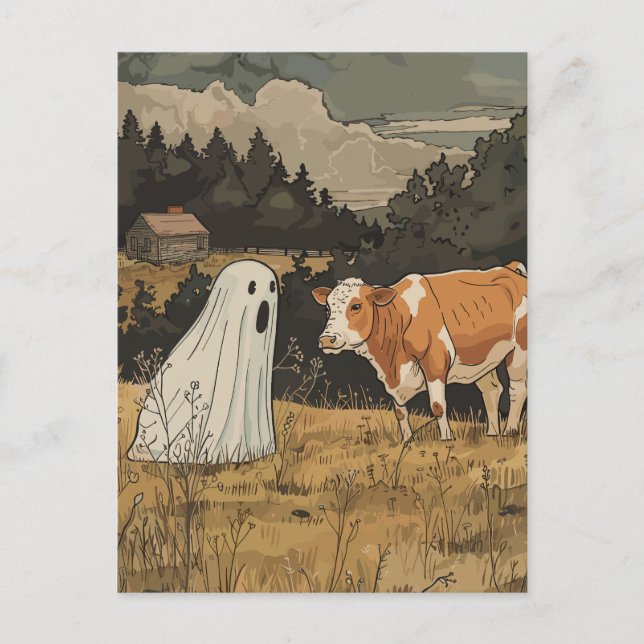 Halloween Ghost and Cow Vintage Farm Vykort (Framsida)