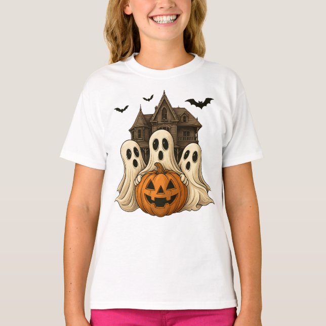 Halloween Ghost and Pumpkin Cute Spooky T-Shirt (Framsida)