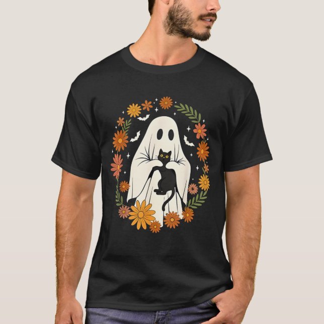 Halloween Ghost Black Cat Cute Funny T Shirt (Framsida)