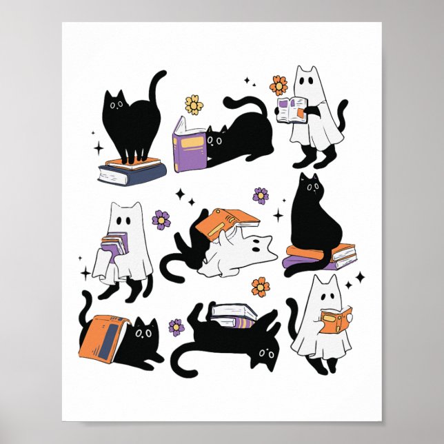 Halloween Ghost Black Cat Reading Bok Costume Poster (Framsidan)