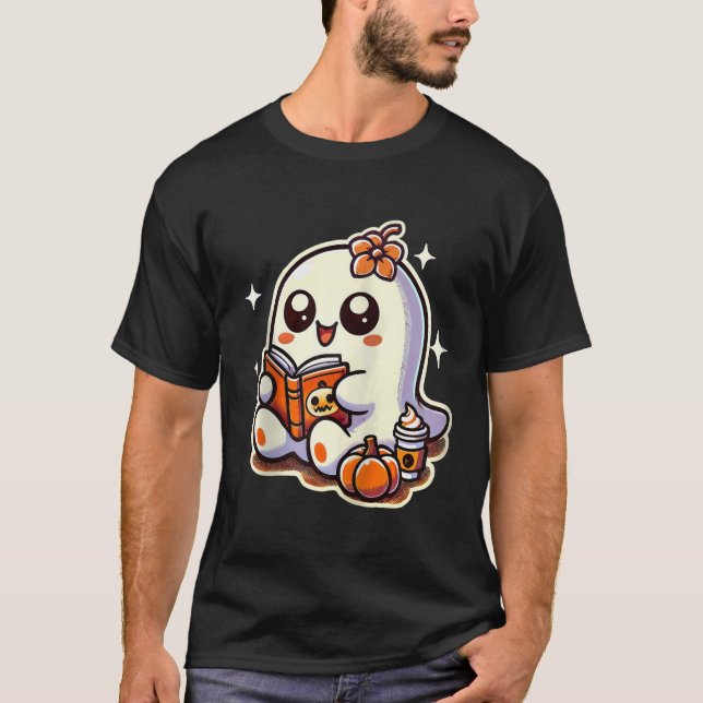 Halloween Ghost Bok Coffee Pumpkin Autumn Cute Re T Shirt (Framsida)