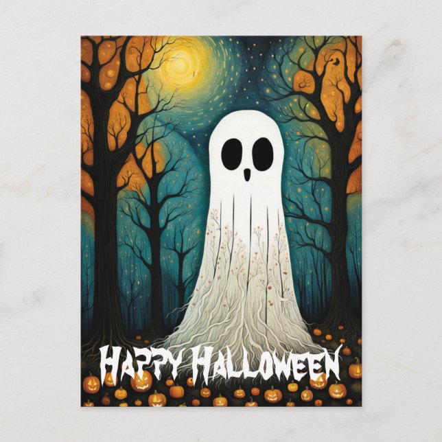 Halloween Ghost Boo Creepy Pumpkin Forest Vykort (Framsida)