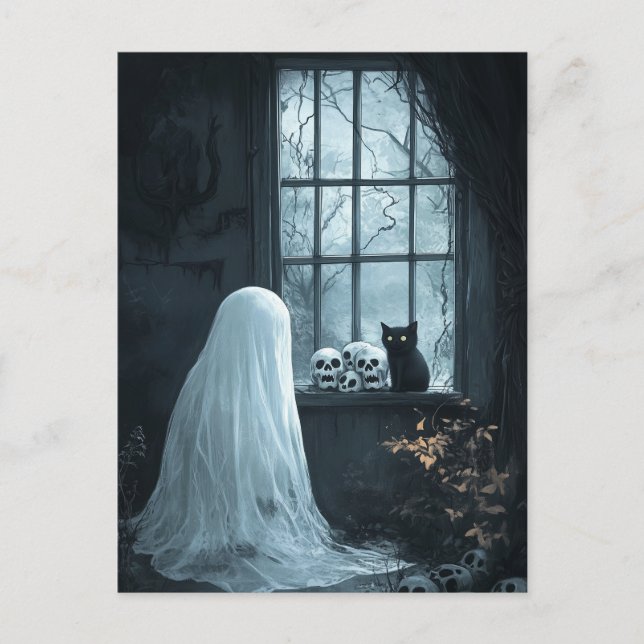 Halloween Ghost, Cat och Skuls Vykort (Framsida)