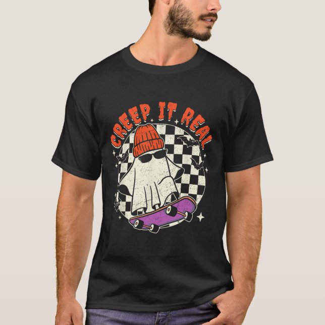 Halloween Ghost Creep It Real Skateboarding Retro  T Shirt (Framsida)