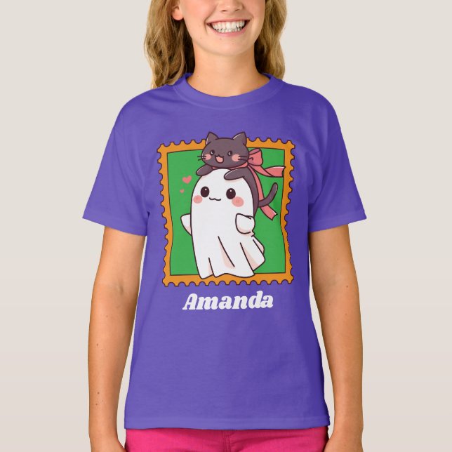 Halloween Ghost Cute Black Cat in Bow Custom Kids T Shirt (Framsida)