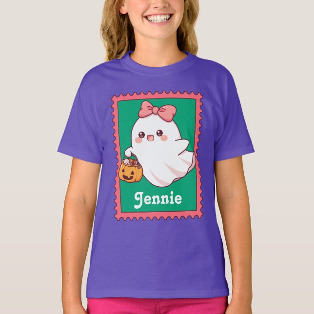 Halloween Ghost Cute Coquette Bow Custom Name T Shirt (Framsida)