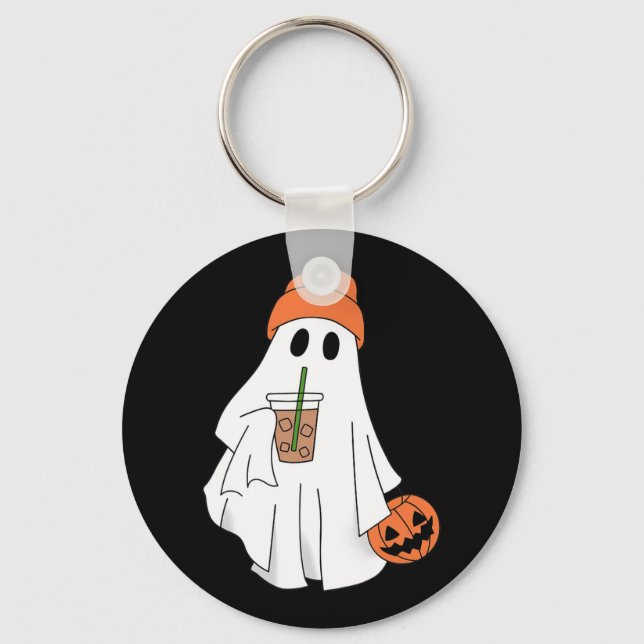 Halloween Ghost Drinking Coffee Ghost Ice Coffee M Nyckelring (Framsida)