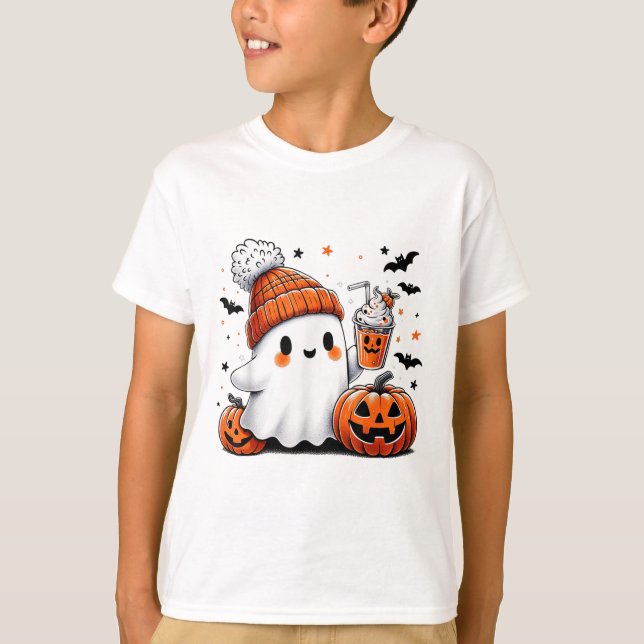 Halloween Ghost Drinking Coffee Ghost Ice Coffee M T Shirt (Framsida)