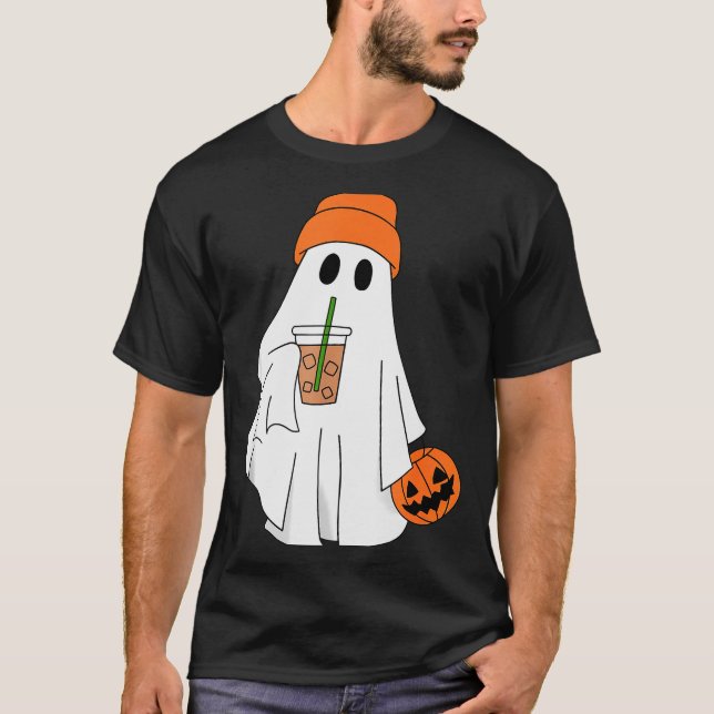 Halloween Ghost Drinking Coffee Ghost Ice Coffee M T Shirt (Framsida)