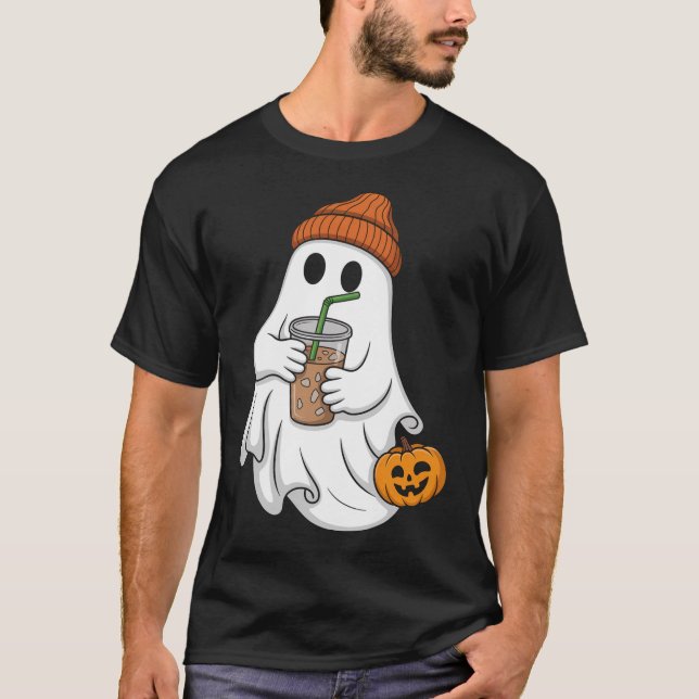 Halloween Ghost Drinking Coffee T Shirt (Framsida)