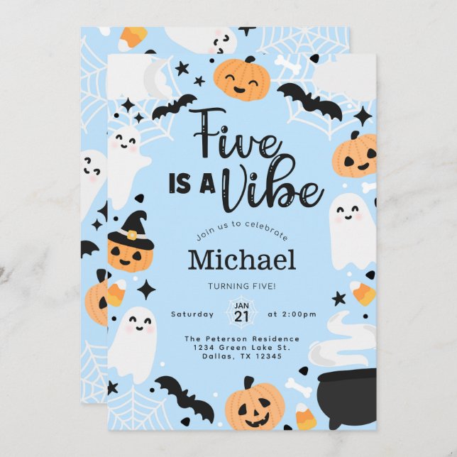 Halloween Ghost Five är A Vibe 5th Födelsedagsfest Inbjudningar (Fram/baksida)