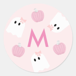 Halloween Ghost Girl & Pumpkin Rosa Monogram Runt Klistermärke