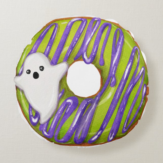 Halloween Ghost & Grönt Slime Donut Rund Kudde (Framsidan)