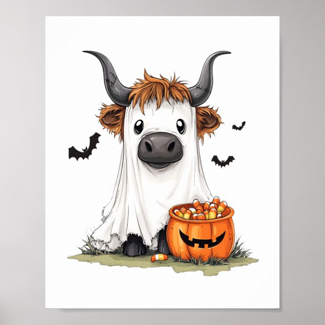 Halloween Ghost Highland Cow PNG Poster (Framsidan)