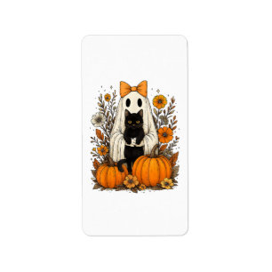 Halloween Ghost Holding Black Cat Adressetikett