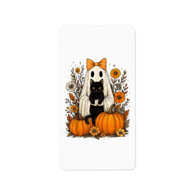 Halloween Ghost Holding Black Cat Adressetikett (Framsidan)