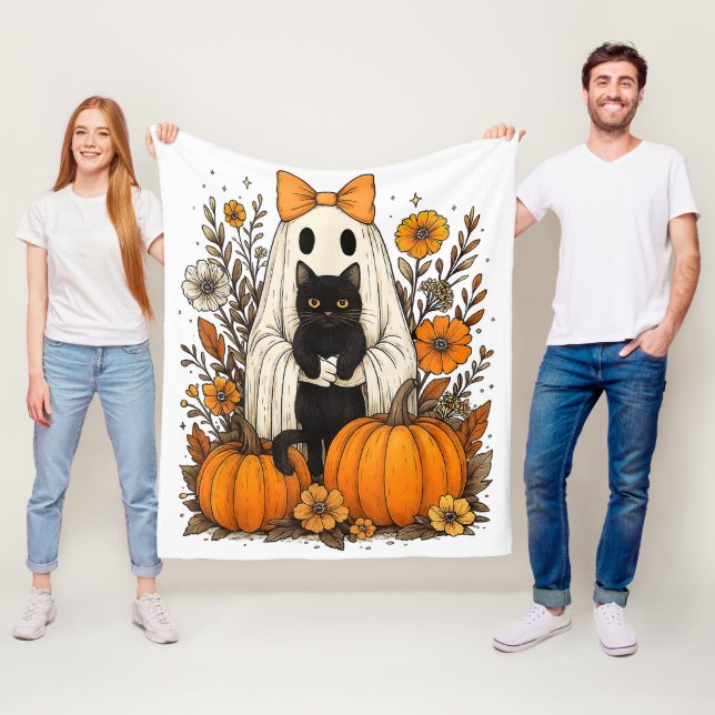 Halloween Ghost Holding Black Cat Fleecefilt (På plats)