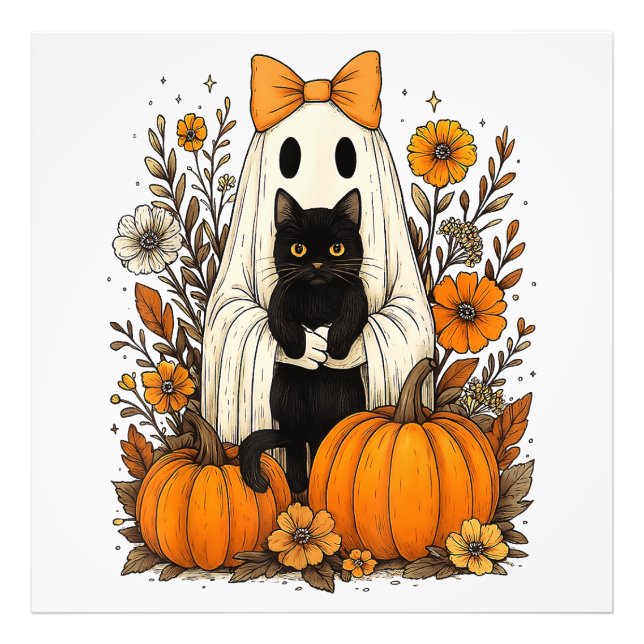Halloween Ghost Holding Black Cat Fototryck (Framsidan)