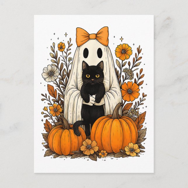 Halloween Ghost Holding Black Cat Helg Vykort (Framsida)