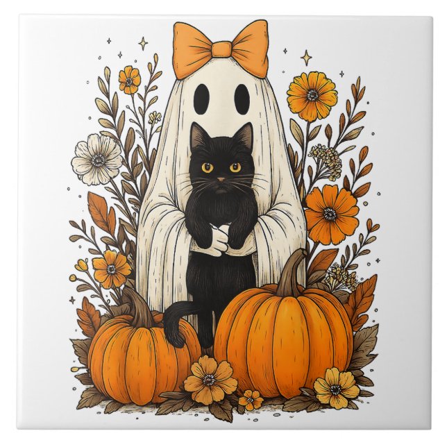 Halloween Ghost Holding Black Cat Kakelplatta (Framsidan)
