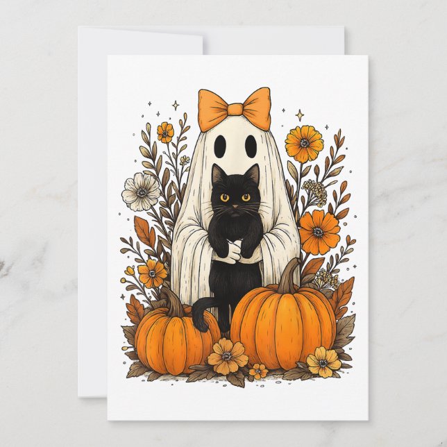 Halloween Ghost Holding Black Cat Spara Datumet (Framsida)