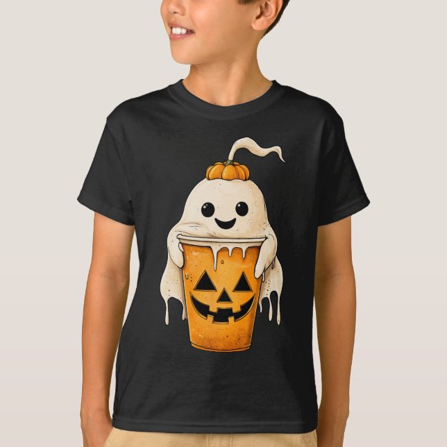 Halloween Ghost-iserad kaffe med Pumpkin Roligt Sp T Shirt (Framsida)